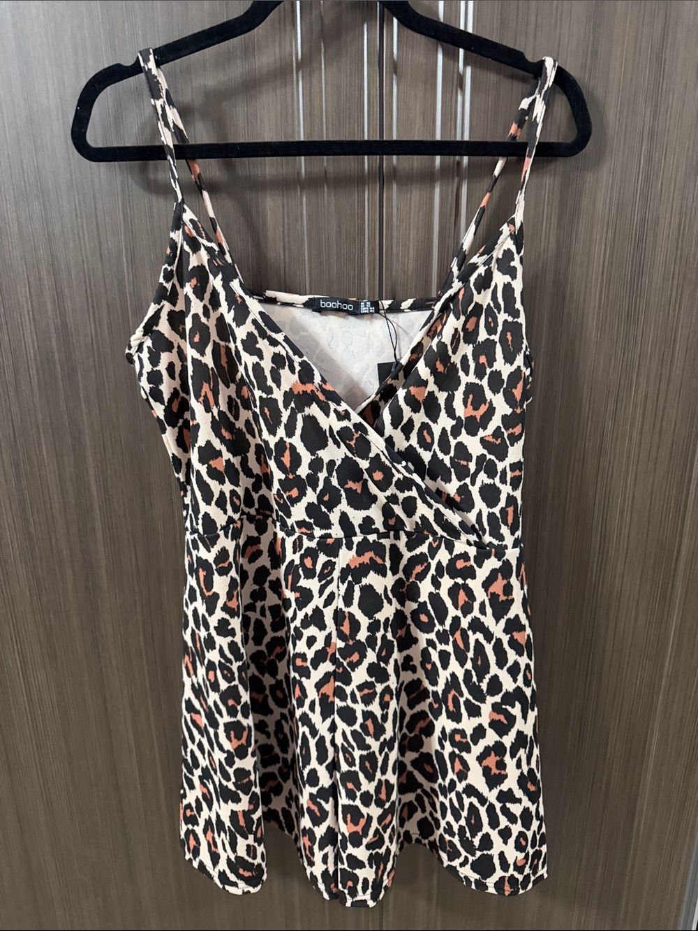 Boohoo Leopard Print Sleeveless Romper in Cream, Black & Rust